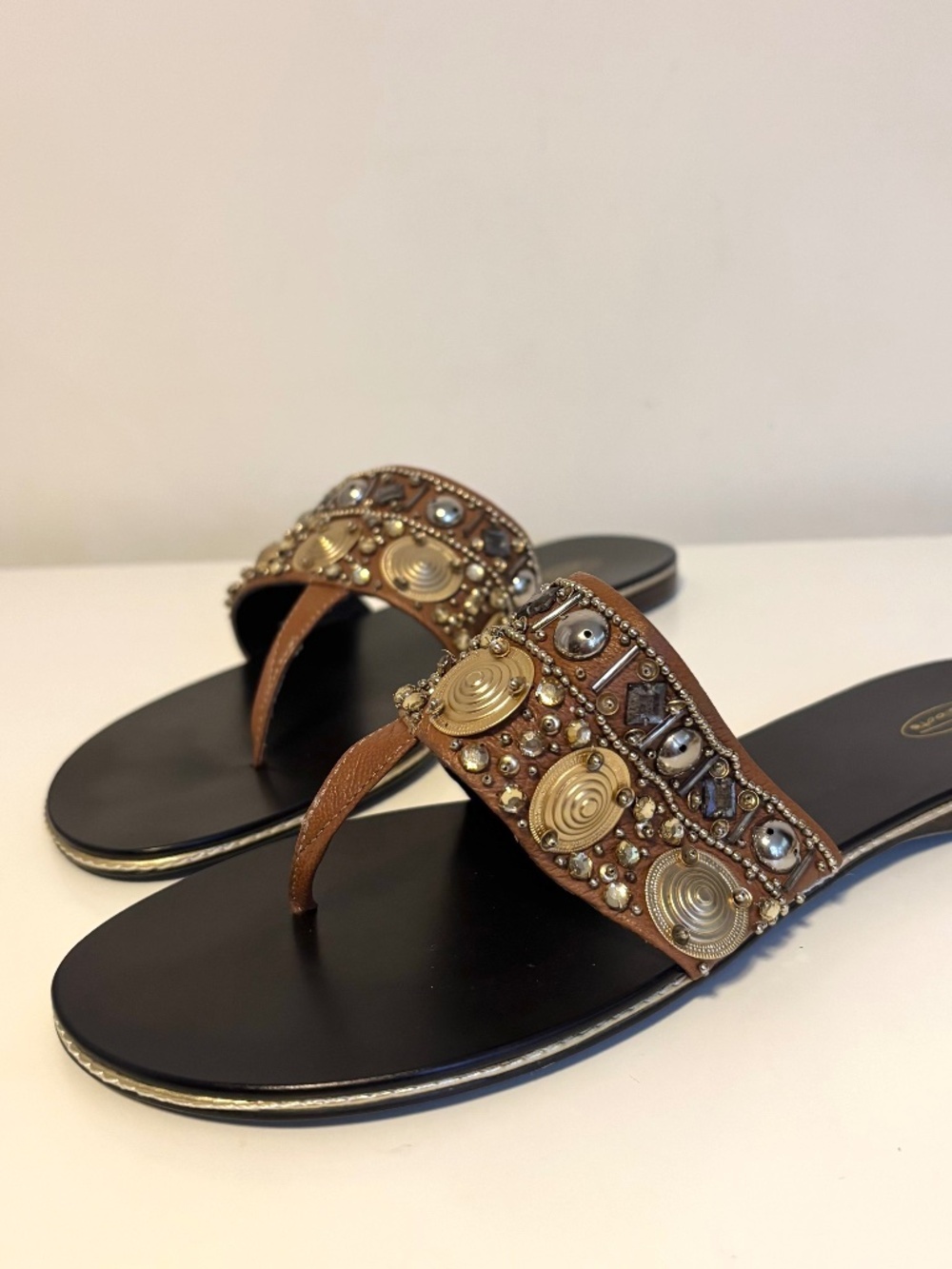 Talbots Beaded Embellished Jewel Flat Thong Sandals Brown Gold Silver Womens 9